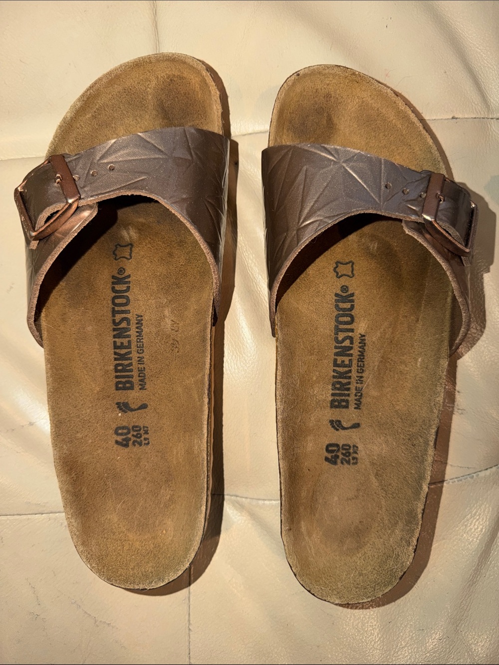 Birkenstock Madrid Women’s Single Strap Bronze Embossed Leather